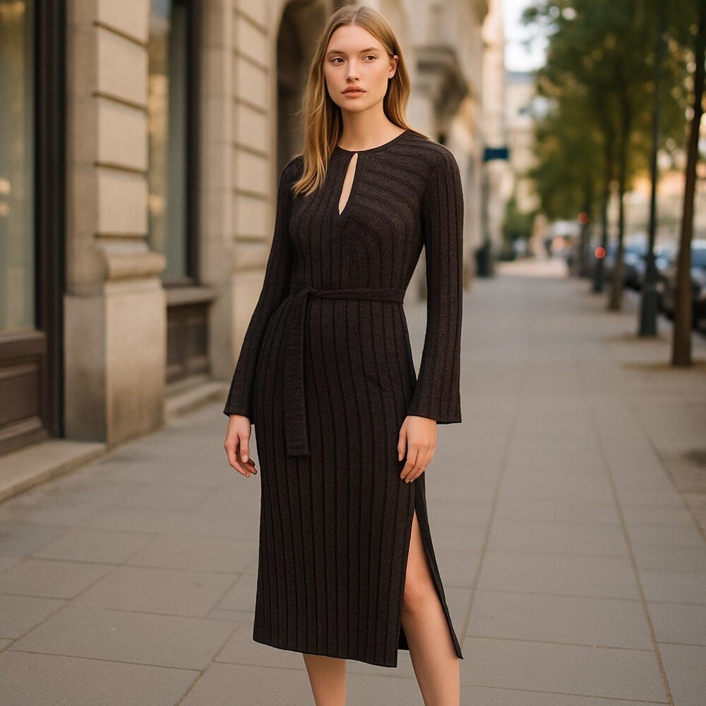 NWT French Connection Women's Paula Keyhole Midi Dress Mettallic Stripe Out